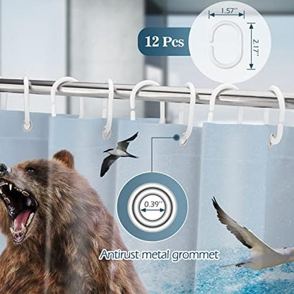 Funny Shark Bear Shower Curtain - Fun Bear Riding Shark in Ocean Wave Cool Shower Curtains Set with 12 Hooks for Adults Wild Bathroom Decor Accessories, 72"x72", Blue Brown