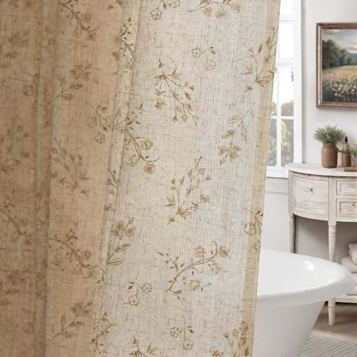 Beige Floral Farmhouse Vintage Linen Shower Curtain French Country 72Wx84H