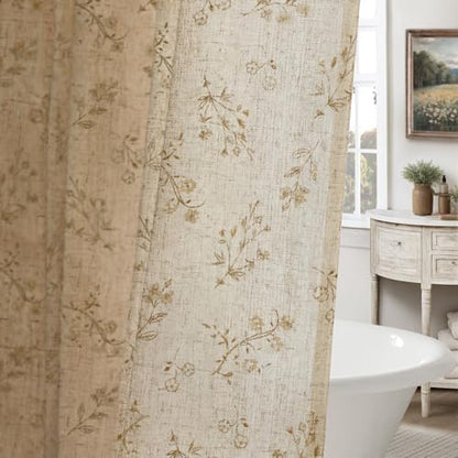 Beige Floral Farmhouse Vintage Linen Shower Curtain French Country 72Wx84H