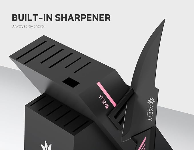 Knife Set - 15 PCS Kitchen Knife Set with Built-in Knife Sharpener Block - Stainless Steel Knife Block Set - Dishwasher Safe, Elegant Box for Her Women Wife, Fathers day, Pink