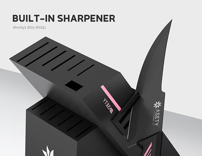Knife Set - 15 PCS Kitchen Knife Set with Built-in Knife Sharpener Block - Stainless Steel Knife Block Set - Dishwasher Safe, Elegant Box for Her Women Wife, Fathers day, Pink