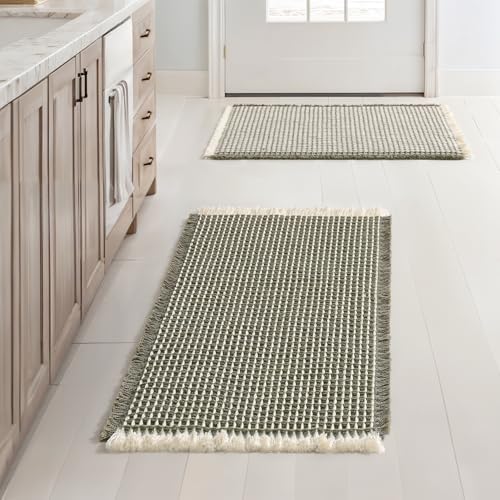 MIULEE Set of 2 Waffle Bathroom Rugs Boho Bath Mat Green&Cream 17x24 Inch