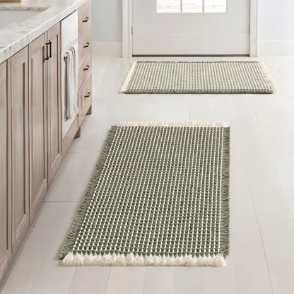 MIULEE Set of 2 Waffle Bathroom Rugs Boho Bath Mat Green&Cream 17x24 Inch