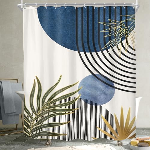 Mid Century Blue Green Boho Abstract Modern Bathroom Shower Curtain Set