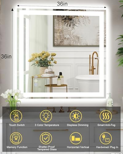 36x36 LED Bathroom Mirror, 6000LM, Separate Front and Back Lights