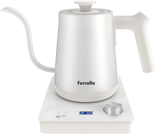 Electric Gooseneck Kettle White with Digit LED Display and Dial Control, Pour Over Kettle for Coffee & Tea, Hot Water Boiler, Stainless Steel Inner Lid & Bottom, 1300W, 0.8L