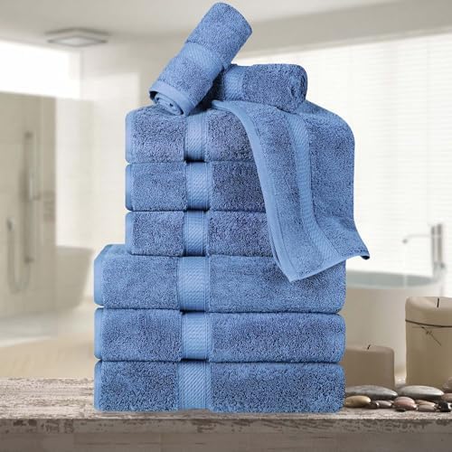 Superior Egyptian Cotton 800 GSM Plush & Absorbent, 9 Piece Set, Denim Blue