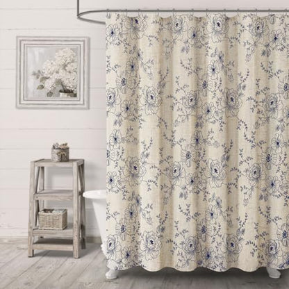 Farmhouse Floral Vintage Shower Curtain for Bathroom, Blue Embroidered