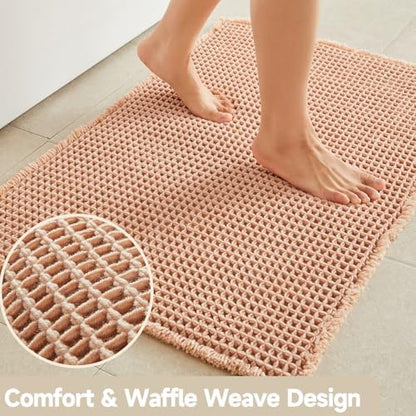 TYUU Waffle Bath Mat, Boho Bathroom Rugs Non Slip, 48x24 Light Peach