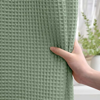 Long Waffle Shower Curtain Heavyweight Cotton Fabric Sage Green 72Wx78L