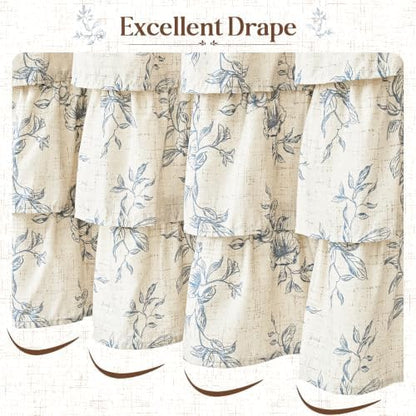 Extra Long Farmhouse Ruffle Shower Curtains with Blue Floral, 72"Wx90"L