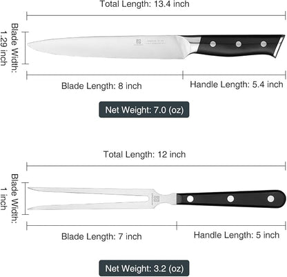 8" Stainless Steel Carving Knife and 7" Fork Set, Professional BBQ Brisket Slicing Kit with Ergonomic Full Tang Handle, Premium Meat, Fruits & Vegetables Cutting Tools in Gift Box