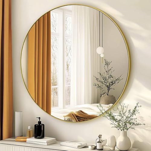 Gold Round Mirror 28 inch, Circle Mirror, Brushed Gold Metal Frame