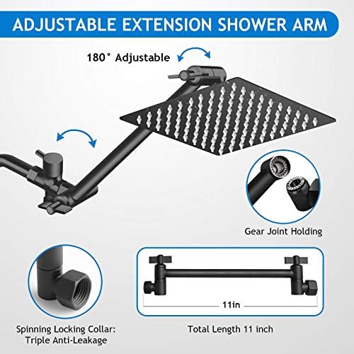Shower Head Combo, 8 Inch High Pressure Rain with 11 Inch Adjustable Extension Arm and 5 Settings Handheld, Powerful Spray Against Low Water Pressure- Matte Black