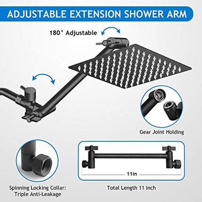Shower Head Combo, 8 Inch High Pressure Rain with 11 Inch Adjustable Extension Arm and 5 Settings Handheld, Powerful Spray Against Low Water Pressure- Matte Black