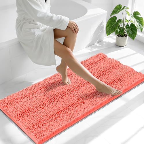 Smiry Thick Chenille Bathroom Runner Rugs 47x24, Absorbent Bath Mat, Coral
