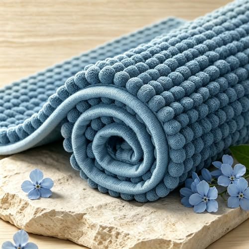 SUBRTEX Bathroom Rugs, 24" x 55" Chenille Bath Rug Soft Short Plush Bath Mat Soft Shower Mat Water Absorbent Shower Mat Quick Dry Machine Washable, Stone Blue