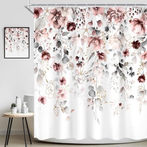 Floral Grey Pink Leaves Girls Watercolor Bathroom Shower Curtain Set