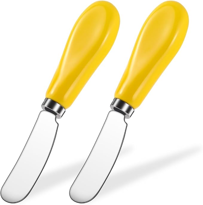 AISBUGUR 2 Pack Stainless Steel Butter Spreader Knife, Butter Knife with White Porcelain Handle, Cheese Butter Spreader Knives for Kitchen Yellow