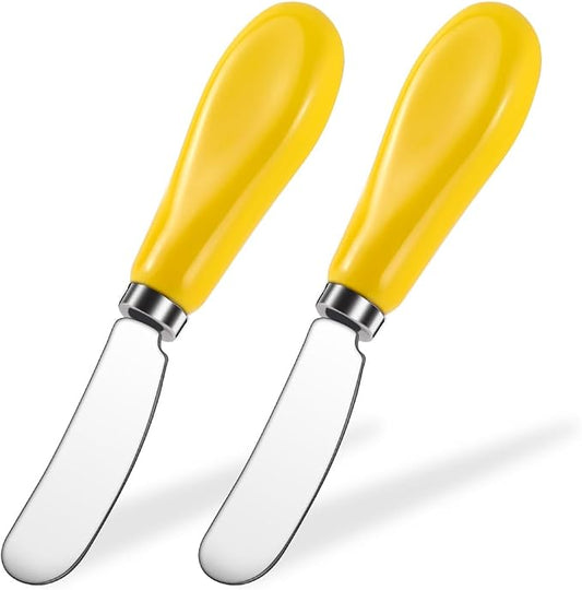 AISBUGUR 2 Pack Stainless Steel Butter Spreader Knife, Butter Knife with White Porcelain Handle, Cheese Butter Spreader Knives for Kitchen Yellow