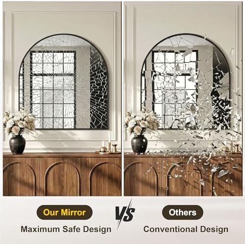 AMOISE Arched Bathroom Mirror for wall, 32"x30" Vanity Mirror, Black