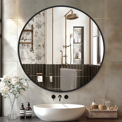 Delma 26 Inch Black Round Circle Mirror for Bathroom Wall, Metal Frame