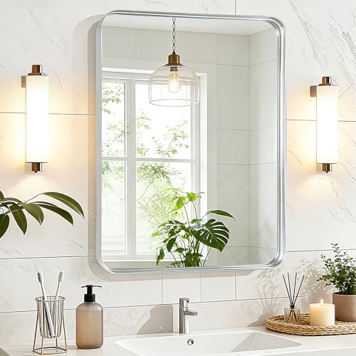 Silver Bathroom Vanity Mirror Over Sink 24x30, Wall Mounted Chrome Mirror