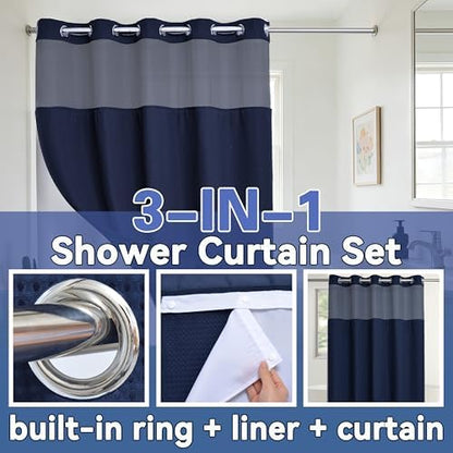 Conbo Mio Extra Long No Hook Waffle Weave Shower Curtain with Snap in Liner Set, Hotel Luxury Navy Blue Shower Curtains for Bathroom with See Through Top Window, Waterproof, Washable 71W x 84H