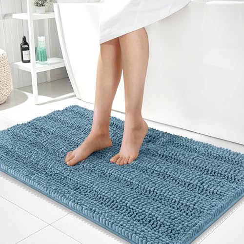 OLANLY Thick Large Bathroom Rugs 40x24, Soft Chenille Bath Rugs, Airy Blue