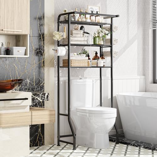 Simple Trending Over The Toilet Storage Cabinet, Metal Bathroom Shelf Organizer with Paper Holder and Hooks, 3 Tier, Black
