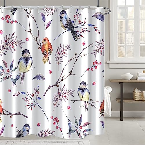 AWERT Bird Shower Curtain with Hooks Colorfur Cheery Birds on Tree Branch Shower Curtain for Bathroom Waterproof Fabric Bathroom Accessories Bathtub Decor 60x72inch