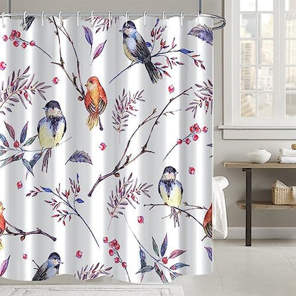 AWERT Bird Shower Curtain with Hooks Colorfur Cheery Birds on Tree Branch Shower Curtain for Bathroom Waterproof Fabric Bathroom Accessories Bathtub Decor 60x72inch