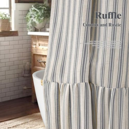 Farmhouse Shower Curtain Ruffle Linen Cream-Grey Stripe 72"W x 72"L