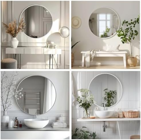 Sunniry Round Mirror 28 inch, Round White Mirror, Matte White Metal Frame