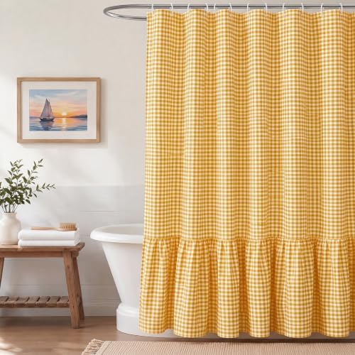 HunnmingRe Ruffle Hem Gingham Shower Curtain Yellow