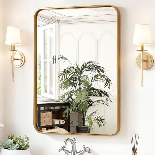 Sweetcrispy Bathroom Wall Mirror, 36x24 Inch Mirror for Over Sink, Gold
