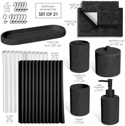 Clara Clark Black Bathroom Set - Bathroom Sets with Shower Curtain and Rugs, 21PC Bathroom Accessory Set, Shower Curtain Set with Soap Dispenser & Toothbrush Holder