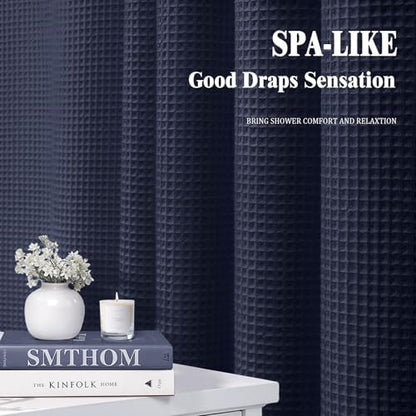 Waffle Weave Shower Curtain Heavyweight Cotton Fabric Navy Blue 72Wx75L