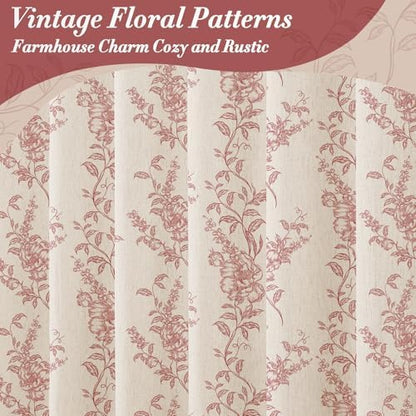 Red Linen Farmhouse Shower Curtain, Boho Floral Bathroom 72x78