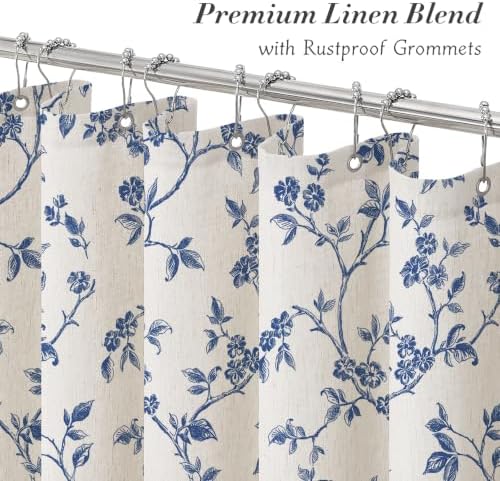 MitoVilla Navy Blue Linen Floral Shower Curtain for Bathroom, 72 x 72
