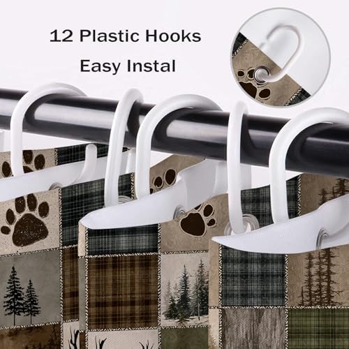 Rustic Cabin Forest Shower Curtain for Bathroom, Wild Animal Bear and Deer Brown Vintage Plaid Patchwork Shower Curtain Set Country Bathroom Decor Accessories with Hooks, 72W X 72L inches