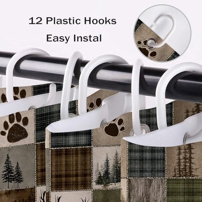 Rustic Cabin Forest Shower Curtain for Bathroom, Wild Animal Bear and Deer Brown Vintage Plaid Patchwork Shower Curtain Set Country Bathroom Decor Accessories with Hooks, 72W X 72L inches
