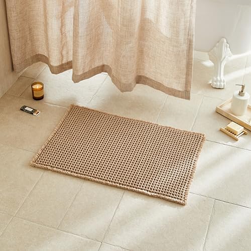 TYUU Waffle Bath Mat, Small Boho Bathroom Rugs Non Slip, 24x16 Khaki