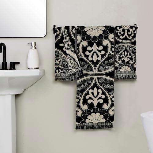 SKL Home Amherst Medallion Bath Towel, Premium 100% Cotton, Black