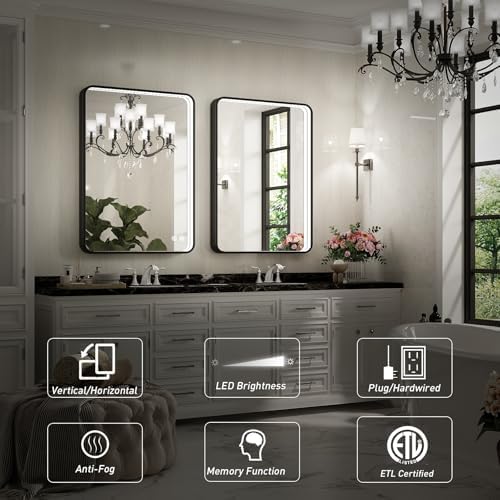 36x24 Inch Black Frame LED Lighted Bathroom Mirror,ETL Listed