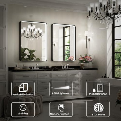 36x24 Inch Black Frame LED Lighted Bathroom Mirror,ETL Listed