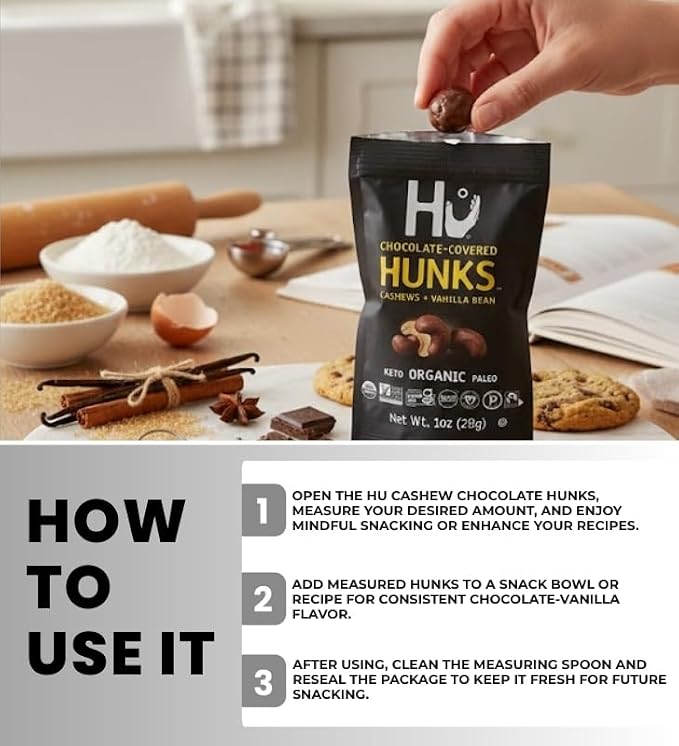 Hu Chocolate Bar Dark Cashew Hunks (1 OZ.) Bundle with Measuring Spoon for Snack Portioning and Organized Storage — Gift Set (2 Items) (Pack of 2)