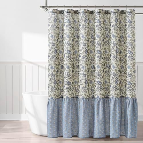 Lush Decor Lillian Block Print Linen Textured Shower Curtain Single 72" W x 72" L Blue & Sage - Vintage Floral Shower Curtains - Ruffled Bath Curtain