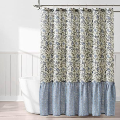 Lush Decor Lillian Block Print Linen Textured Shower Curtain Single 72" W x 72" L Blue & Sage - Vintage Floral Shower Curtains - Ruffled Bath Curtain