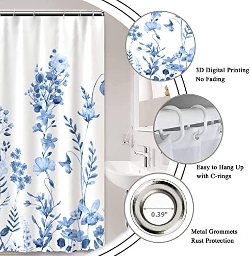 AWERT Small Half Size Stall Shower Curtain with Hooks Shower Stall Curtain 48 x 72 Light Blue Floral 48 inch for Bathroom/RV and Camper